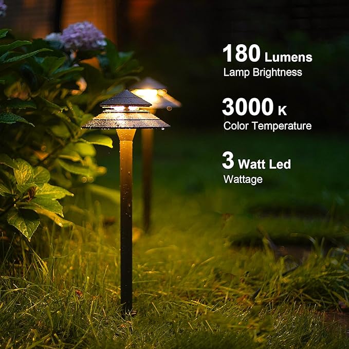 GOODSMANN Landscape Lighting 2PK Landscape Floodlights Spotlights 3W LED 200 Lumen with 2PK 3W LED 180 Lumen Hardwired 2 Tier Pagoda Path Lights 3000K Warm White