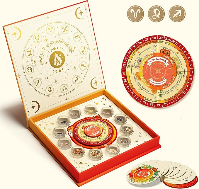 Lush&ampDew Gardening Gifts for Women Men Zodiac Garden Seed Bank 12 Varieties Non-GMO Heirloom Vegetables Flower Seeds Hand Craft Storage Box with Moon Calendar for Fire Signs USDA Zone 3-11