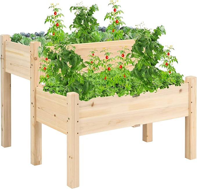 COSTWAY 2-Tier Raised Garden Bed Sturdy Fir Wood Elevated Planter with Legs for Vegetables Herbs &amp Flowers – Indoor &amp Outdoor Use Natural Finish