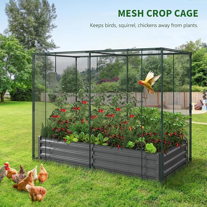 Galvanized Raised Garden Bed with Crop Cage Plant Protection Net Tent Kit for Garden Plant 82.7x43.3x 59 Plants Protection Tent Cage Metal Planter Box Bottomless Planting Vegetables Outdoor