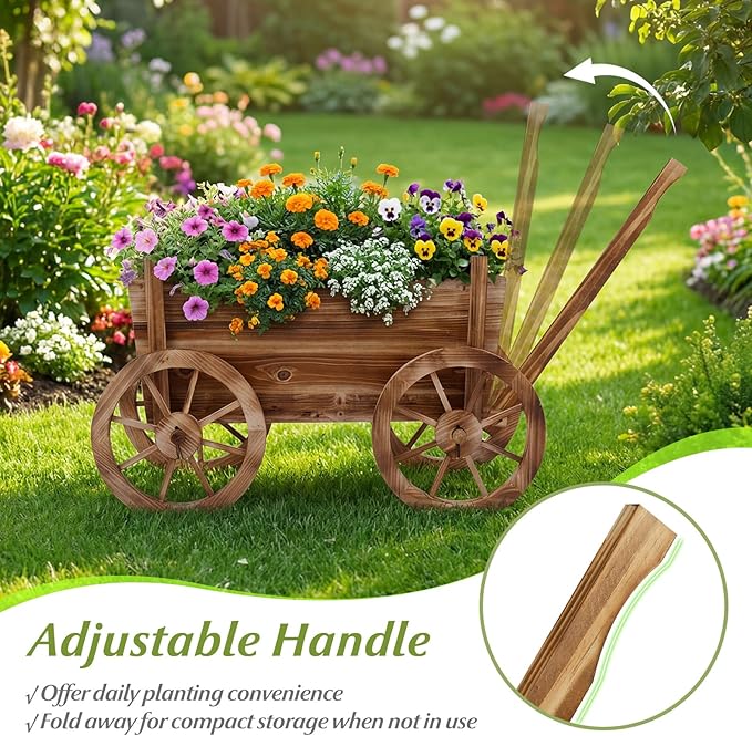 HAPPYGRILL Wood Wagon Wheelbarrow Planter Outdoor Rolling Garden Planter Cart with 4 Wheels Drainage Hole &amp Adjustable Handle Decorative Wagon Flower Pot Stand for Home Backyard Patio(1)