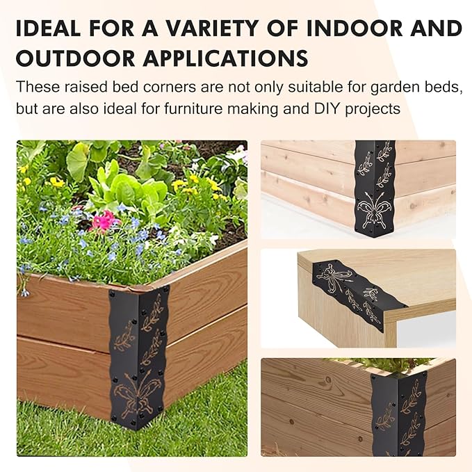 Set of 8 Decorative Raised Garden Bed Corner Brackets with Short/Long Screws for 12''-24'' Bed Box Black Metal Corner Braces 11 x 3 x 3 for Vegetable Planter Garden