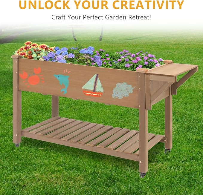 Raised Garden Bed with Legs &amp Wheels 55.5 x 24 x 32 Outdoor Planter Box with Storage Shelf &amp Hooks for Patio Backyard Balcony Gardening Mobile Planter for Vegetables Herbs Flowers (Brown)