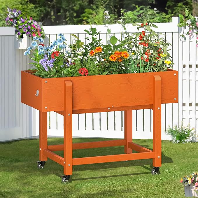 LUE BONA Raised Garden Bed with Wheels 39.4 * 16.7 * 28 in Poly Elevated Outdoor Planter Box with Tools Weather Resistant Standing Growing Bed Herb Planter for Vegetable Flowers Fruits