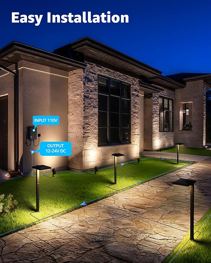 SUNVIE All-in-ONE Landscape Lighting Kit 6-Pack Anti-glare LED Pathway Lights 2-Pack Spotlights 60W Transformer 100FT 16/2 AWG Wire and Connectors Outdoor Landscape Lighting for Walkway Garden Yard