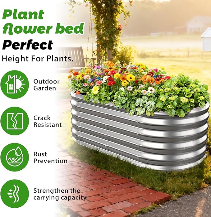 17 Tall Outdoor Garden Raised Garden Bed Kits 4ft X 2ft Oval0.8MM Thick Metal Raised Planter Bed/Ground Planter Box for Variety of FlowersHerbsVegetables (Silver 48X24X16.5 Inches)