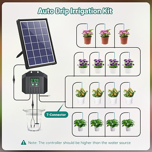 Biling 4W Solar Irrigation System for Garden Digital Programmable Smart Watering with 2200mAh Battery Solar Drip Irrigation System for 15 Potted Plants Outdoor Indoor Garden