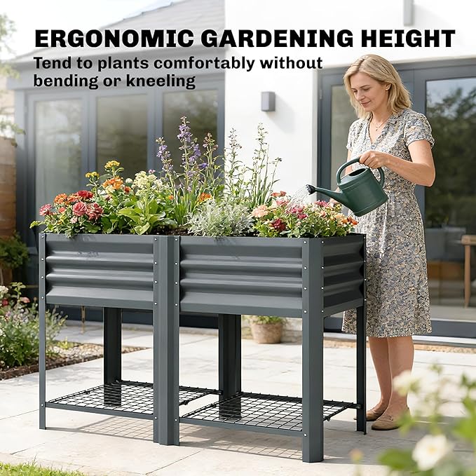 Outsunny Galvanized Steel Raised Garden Bed with Storage Shelf and Bed Liner Elevated Planter Box with Legs for Flowers Vegetables and Herbs for Outdoor Patio Yard Glove Included Dark Gray