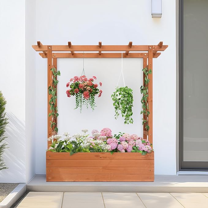44.5 Tall Outdoor Wood Planter BoxOutdoor Wooden Raised Garden Bed with TrellisGardening Grow StandWooden Vegetables Growing Planter Bedw/Drainage Holesfor Patio Yard Porch Balcony (Natural)