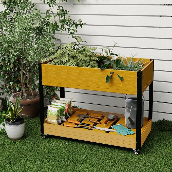 WPC Raised Garden Bed Waterproof Elevated Planter Box with Legs and Wheels for Outdoor Standing Patio Planters for Vegetables Flowers Herbs with Drainage Holes Yellow Teak