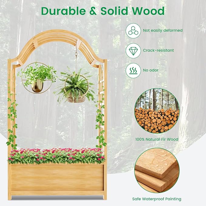 DoCred Raised Garden Bed with Trellis Freestanding Wood Planter Box with Hanging Roof Side Trellis Above Ground Elevated Garden Bed Outdoor Planter with Arch Trellis for Climbing Plants Vines Patio