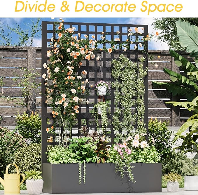 Metal Planter Box with Trellis 71x 47x 16 Raised Garden Bed Planter Box Trellis with Privacy Screen and Drainage Holes Black