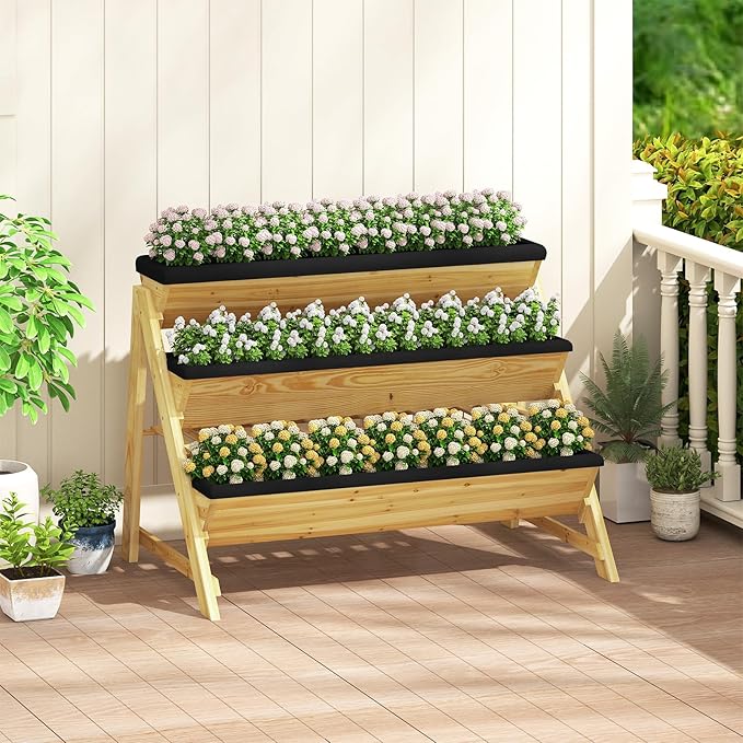 Giantex 3-Tier Vertical Raised Garden Bed Wood Elevated Planter Box with Legs Storage Shelf Liners for Growing Vegetables Herbs Flowers Indoor Outdoor Freestanding Raised Bed for Patio (Natural)