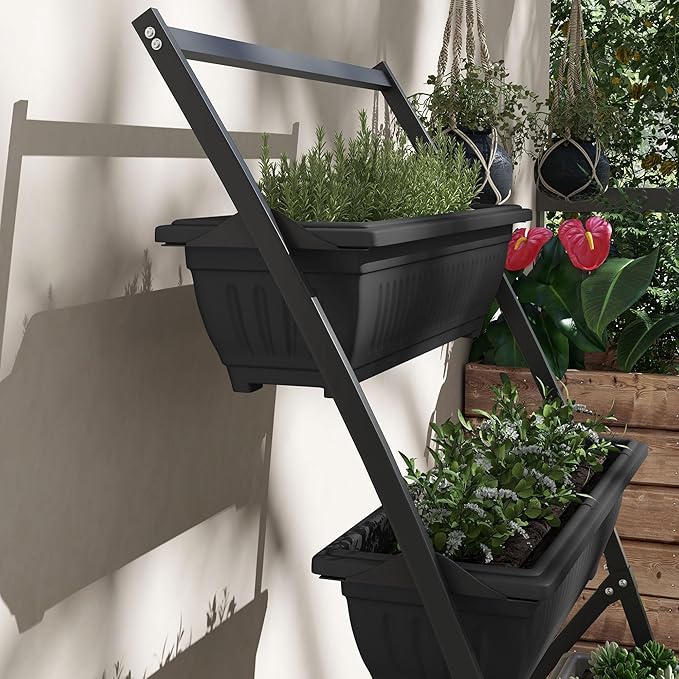 Raised Garden Bed 4 Tier Vertical Garden Planter Set 4 Outdoor Planter Boxes with Stand Self Draining Design Elevated Garden for Vegetable Flowers &amp Herbs Black