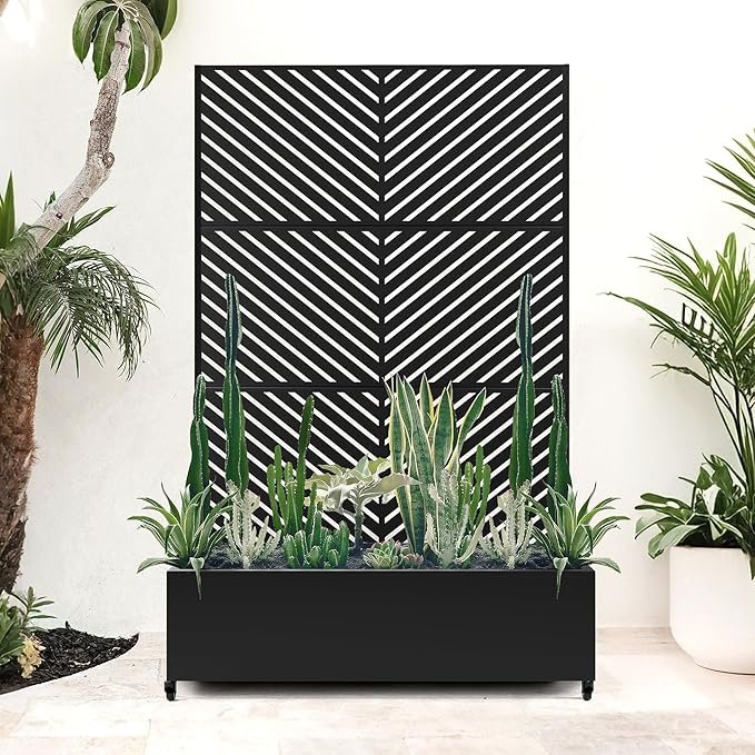 Large Metal Raised Garden Beds with Privacy Screen Standing Planter Box with Trellis &amp Wheels for Outdoor Climbing Plants Garden Boxes with Drainage Holes for Patio (47L Black Parallel)