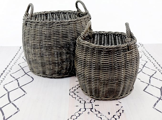 2 Pack Stackable Hand Woven Wicker Storage and Laundry Basket with Handles