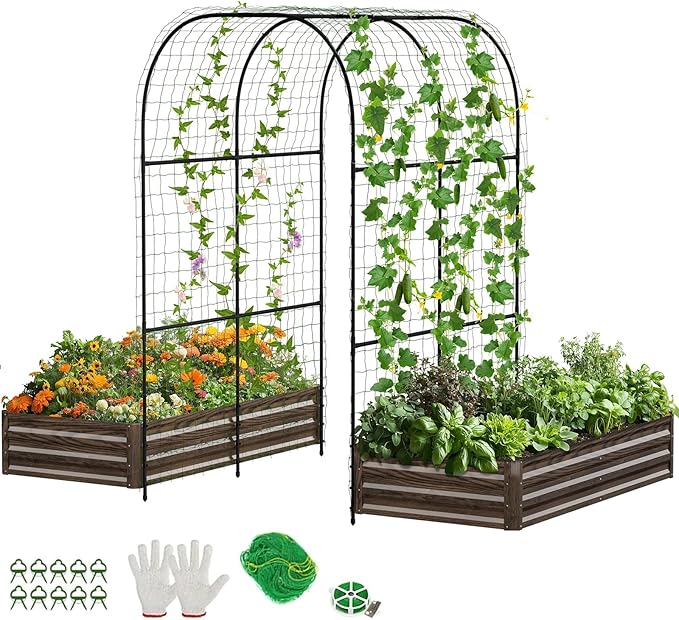 DoCred 3 in 1 Raised Garden Bed with 87in Tall Arch Trellis for Climbing Plants Galvanized Planter Garden Box Outdoor for Gardening Climbing Vegetables Flower