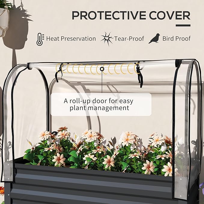 Outsunny Raised Garden Bed with Cover and Storage Shelf Rectangular Metal Elevated Planter Box with Legs and Bed Liner for Vegetables Flowers Herbs Dark Gray