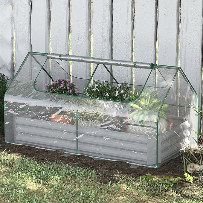Mini Greenhouse Outdoor Galvanized Raised Garden Bed with Cover Outdoor Planter Box for Herbs and Vegetables (Light Gray)