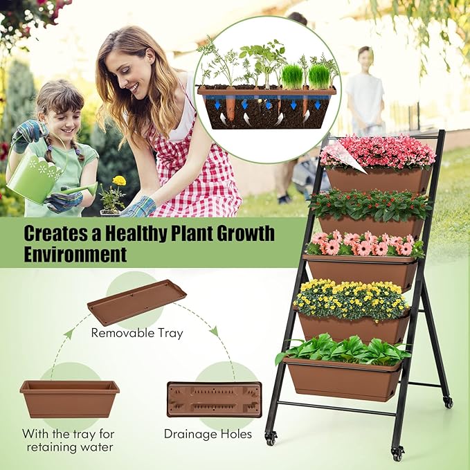 HAPPYGRILL Vertical Raised Garden Bed 5-Layer Freestanding Garden Planter with Drainage Holes Container Boxes Elevated Planter Box for Herb Vegetable Flower Growing (2 Brown)