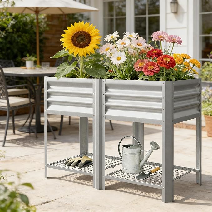 Elevated Outdoor Raised Garden Bed with Legs - 39.6-Gallon Galvanized Steel Planter Box for Patio Herbs Vegetables &amp Flowers - Ergonomic Height 33lb Storage Shelf (Silver)