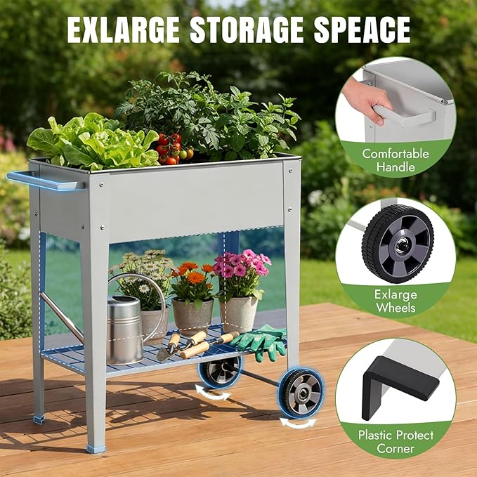 INNO STAGE 31.5 Tall Raised Garden Bed with Legs &amp Wheels- Elevated Planter Box with Shelf Anti-Rust Metal Galvanized Steel Garden Bed for Herb Vegetable Gradening Patio Balcony Backyard