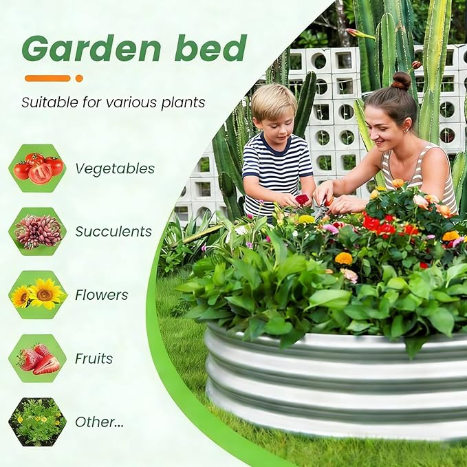 Round Galvanized Raised Garden Bed Kit Round Galvanized Planter for Vegetables/Herbs/Flowers Heavy-Duty Steel Outdoor Water Trough (Silver 4X4X1FT)