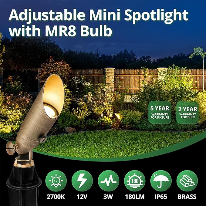 GKOLED Low Voltage Solid Brass LED Spotlight with MR8 Bulb Outdoor Waterproof Landscape Lighting Adjustable Uplights with Stake for House Garden Trees Lawn Patio Yard Fence 3W 12V 180LM 2700K