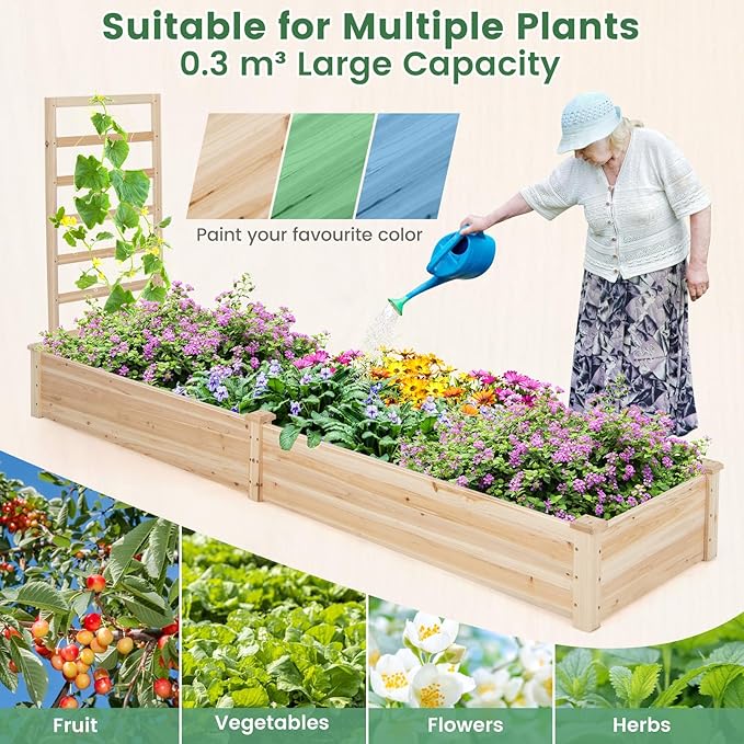 Giantex Raised Garden Bed with Trellis 93 L x 25 W x 40 H Wood Planter Box for Vegetables Flowers Herbs Fruits Climbing Plants Cucumber Easy Assembly Outdoor Rectangular Floor Gardening Beds