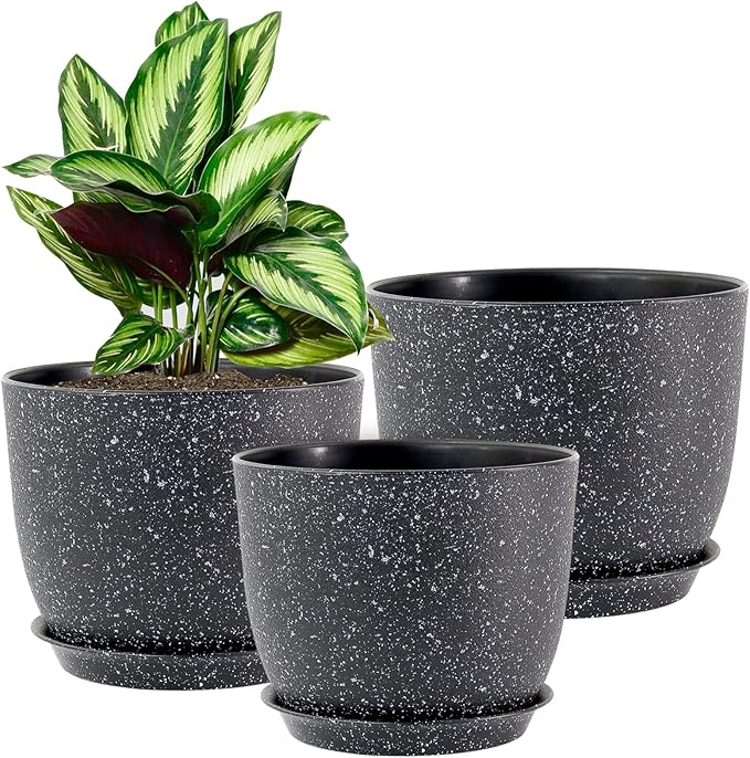 WOUSIWER Plant Pots 10/9/8 inch Set of 3 Modern Decorative Plastic Planters with Drainage Holes and Saucers for House Plants Indoor Flowers Plants Black with White Speckles
