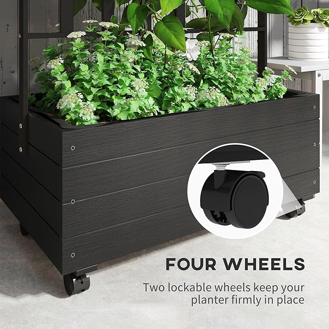 Outsunny Raised Garden Bed with Trellis and Wheels Outdoor Wooden Elevated Planter Box Freestanding Raised Flower Bed for Climbing Plants Flowers Herbs and Vegetables