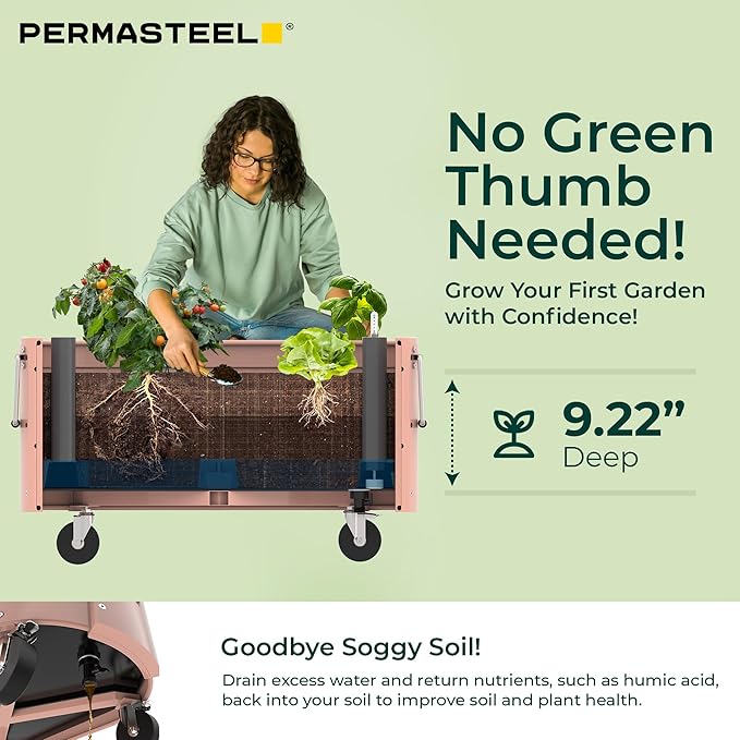 Permasteel Self-Watering Garden Bed Rolling Planter for Vegetables Flowers Herbs and Fruit Outdoor Indoor Caster Wheels Pink