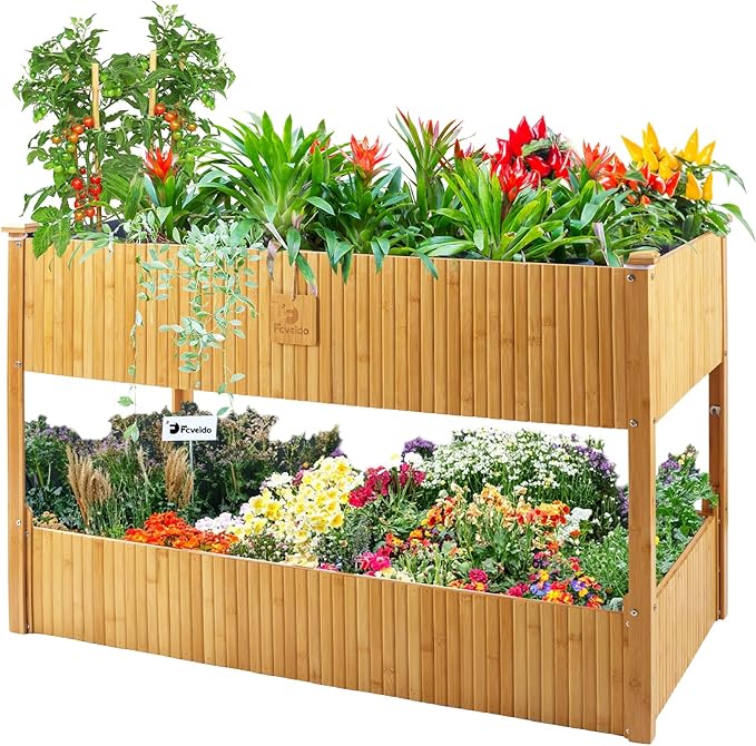 Raised Garden Bed - 2-Tier Elevated Planter Box for Herbs Vegetables Succulents &amp Flowers | 48x25x30 Inch Standing Growing Bed | Outdoor/Indoor Bamboo Planter