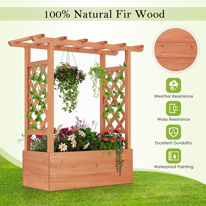 HOMGX Raised Garden Bed with Trellis Vertical Garden Planter w/Drainage Holes for Climbing Vines Roses Tomatoes Tiered Flower Stand for Flowers Herbs Climbing Vines