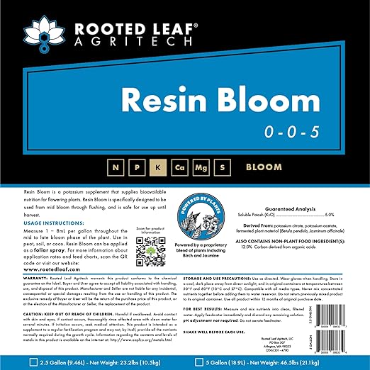 Resin Bloom - Carbon and Potassium Based Flower Finisher Fertilizer for Flowering Plants 100% Nitrate Free with Ginkgo &amp Jasmine - 5 Gallon