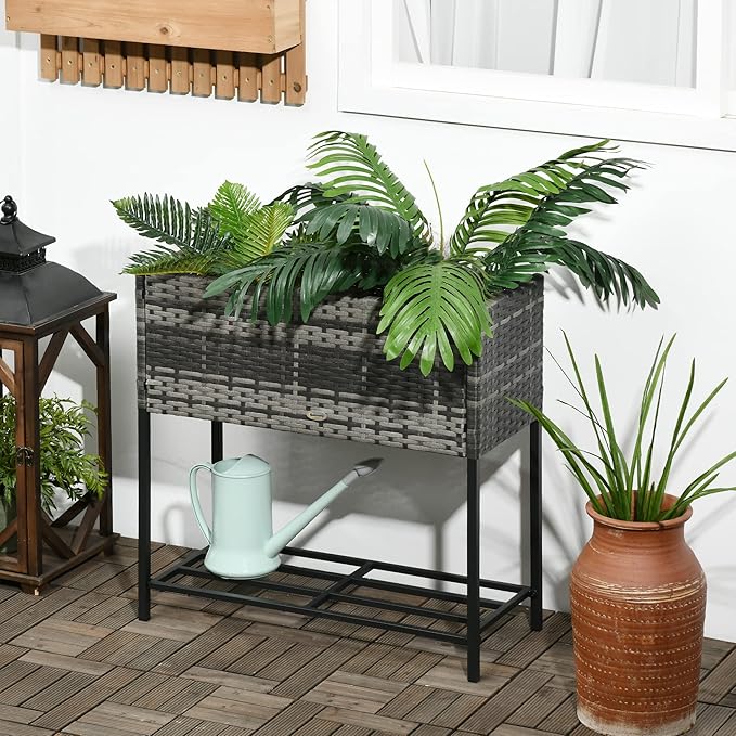 Raised Garden Bed Elevated Planter Box with Rattan Wicker Look Tool Storage Shelf Portable Design for Herbs Vegetables Flowers Gray