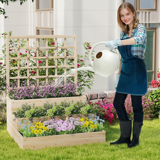 Giantex 3-Tier Raised Garden Bed with Trellis and 3 Planter Boxes Outdoor Open-Ended Wood Raised Bed for Planting and Vines Flowers Vegetables Growing 44x45x56