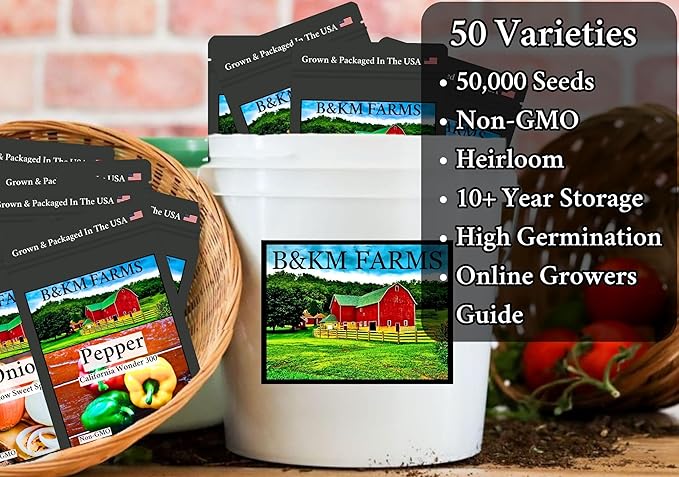 Survival Seed Vault: 50 Varieties 50000+ Non-GMO Heirloom Seeds - 5+ Year Supply in Secure Bucket + Growing Guide by B&ampKM Farms