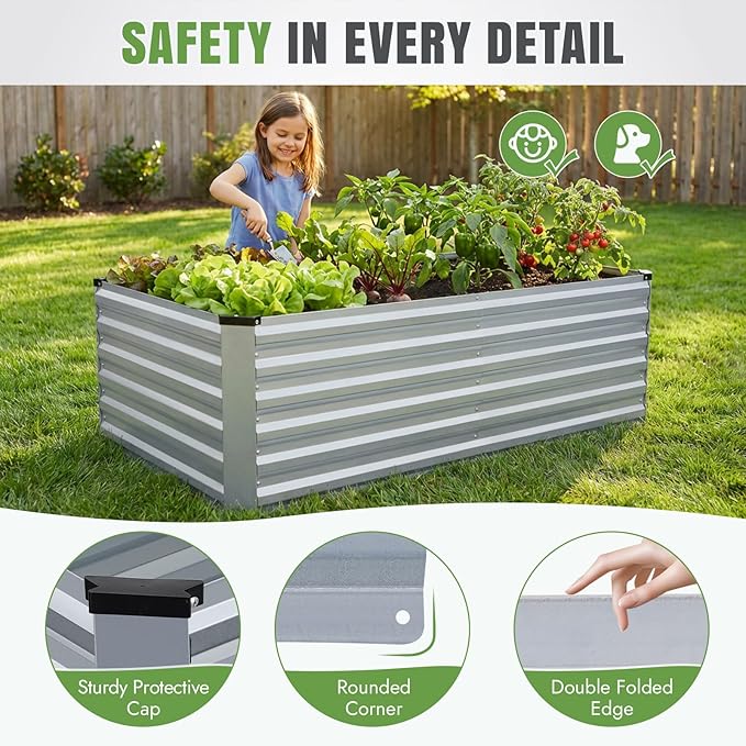 INNO STAGE 6x3x2ft Galvanized Raised Garden Bed Raised Garden Bed Kit-Metal Planter Box Outdoor Planting for Vegetables Fruits Herbs Flowers Silver