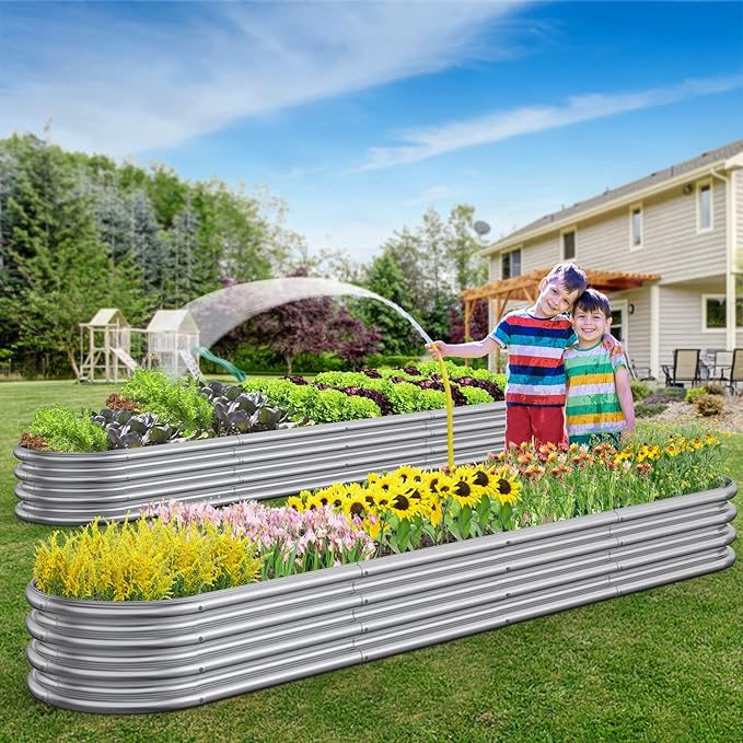 2 PCS 10x2x1/8x4x1/6x6x1ft Outdoor Galvanized Backyard Metal Raised Garden Bed for Flowers 9 in 1 Adjustable Raised Planter Box for Plant