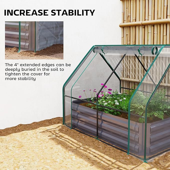 Outsunny 4 x 3 x 3ft Raised Garden Bed with Mini Greenhouse Galvanized Raised Garden Bed with Cover for Herbs and Vegetables Small Greenhouse for Patio Garden Balcony Clear and Dark Gray