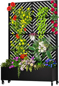 Metal Planter Box with Trellis 72.1x47.2x16 Outdoor Galvanized Raised Garden Bed with Privacy Screen &amp Drainage Holes &amp Lockable Casters for Climbing Plants Vegetable (Arrow-Black1)