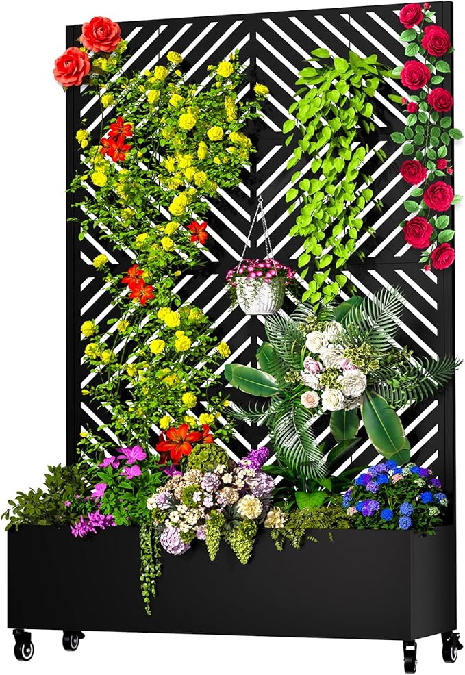 Metal Planter Box with Trellis 72.1x47.2x16 Outdoor Galvanized Raised Garden Bed with Privacy Screen &amp Drainage Holes &amp Lockable Casters for Climbing Plants Vegetable (Arrow-Black1)