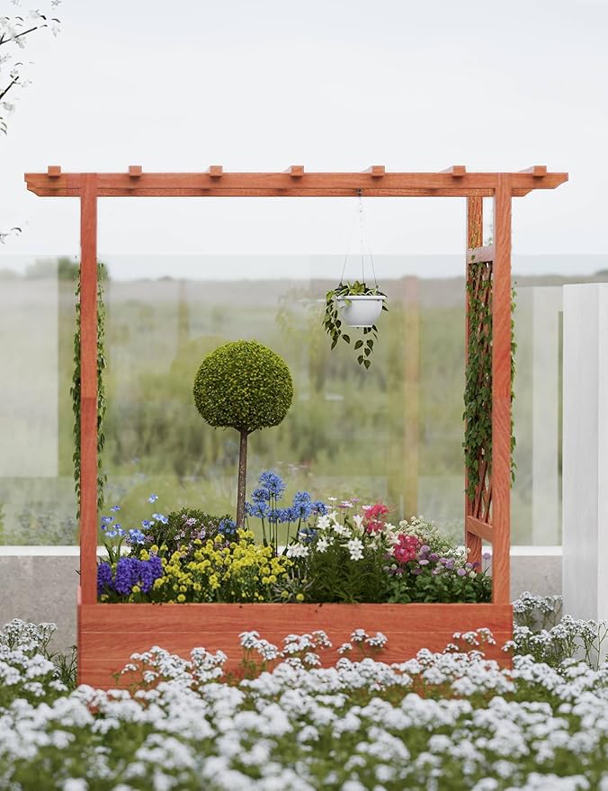 Elevated Wooden Garden Bed with Arch Trellis &amp Hanging Roof – Outdoor Planter Box for Climbing Vines Hanging Flowers Above-Ground Design with Side Trellis &amp 4 Drainage Holes43x17x45