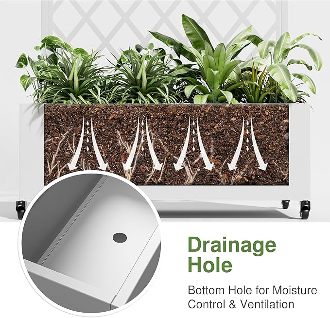 Casaphoria Metal Raised Garden Bed with Trellis and Wheels 72x35x16 Arched Planter Box for Climbing Plants Vegetables &amp Vines Features Drainage Holes and Privacy Screen (White-Rhombus)