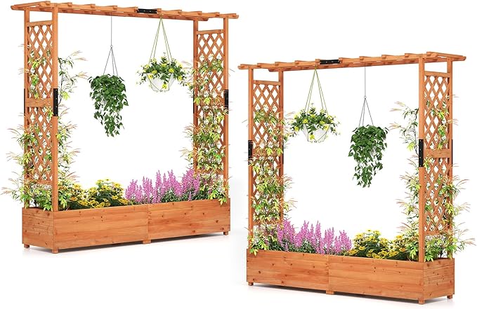Giantex Set of 2 Raised Garden Bed with Trellis &amp Hanging Roof Wood Planter Box with Bottom and Drainage Holes Freestanding Garden Planter for Flower Vegetable Fruit Herb Climbing Vines 77x17