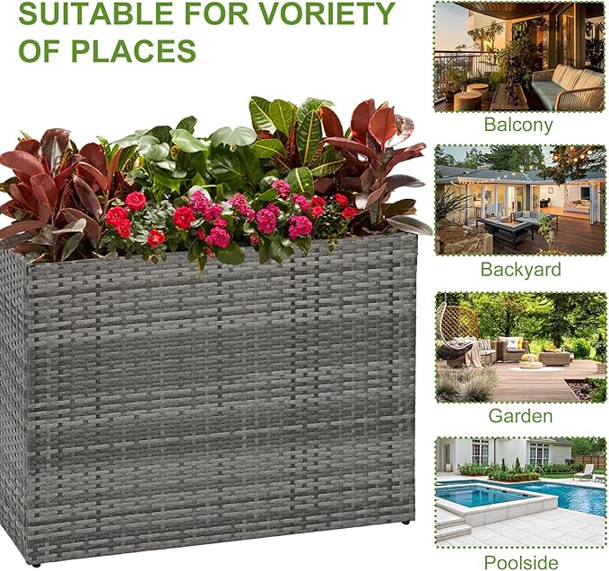 LEWIS&ampWAYNE Large Rectangular Block Planter Box Handmade Wicker Tall Planters for Outdoor Plants with Removable Liners Modern Planter for Indoor Outdoor Patio Deck - Gray 38''x11''x30''