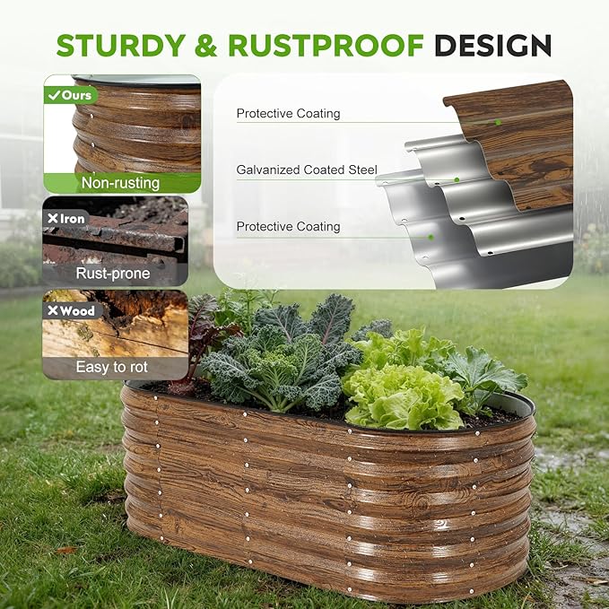 ZORMY Galvanized Raised Garden Bed Outdoor- 2PCS 4x2x1.4ft Oval Steel Raised Beds for Gardening Metal Planter Box with Protective Strip and Gloves for Vegetables Flowers Fruits(Brown)