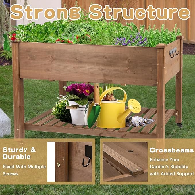 PetsCosset Raised Garden Bed with Wheels Elevated Wooden Planter Box with Bed Liner and Storage Shelf for Vegetables Herbs and Flowers - Brown
