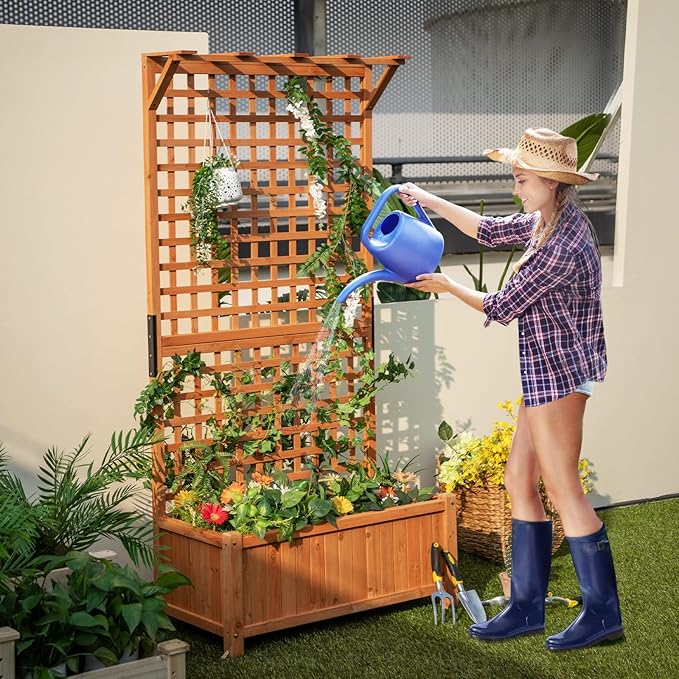 Wooden Planter Box with Trellis 72.5” Freestanding Garden Planter w/Hanging Roof 4 Drainage Holes &amp Lattice Panel Raised Garden Bed with Trellis for Vine Climbing Plants Flowers (1)
